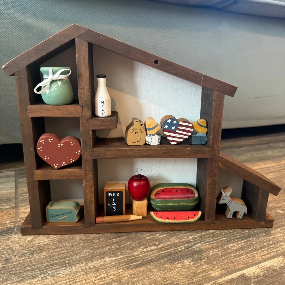 Americana Primitive Wood Shadow Box Shelf Miniatures Folk Art Farmhouse Trinket